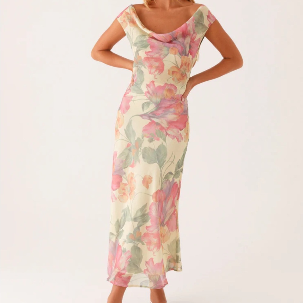 Peppermayo Floral Backless Slip Dress in Cream, Pink & Green
